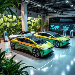 A futuristic electric vehicle brand showcase, featuring sleek, innovative electric cars displayed in a modern showroom, surrounded by lush greenery symbolizing sustainability