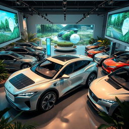 A futuristic electric vehicle brand showcase, featuring sleek, innovative electric cars displayed in a modern showroom, surrounded by lush greenery symbolizing sustainability