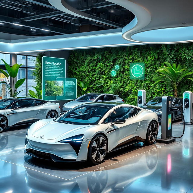 A futuristic electric vehicle brand showcase, featuring sleek, innovative electric cars displayed in a modern showroom, surrounded by lush greenery symbolizing sustainability