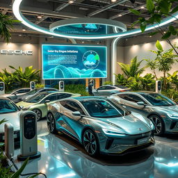 A futuristic electric vehicle brand showcase, featuring sleek, innovative electric cars displayed in a modern showroom, surrounded by lush greenery symbolizing sustainability