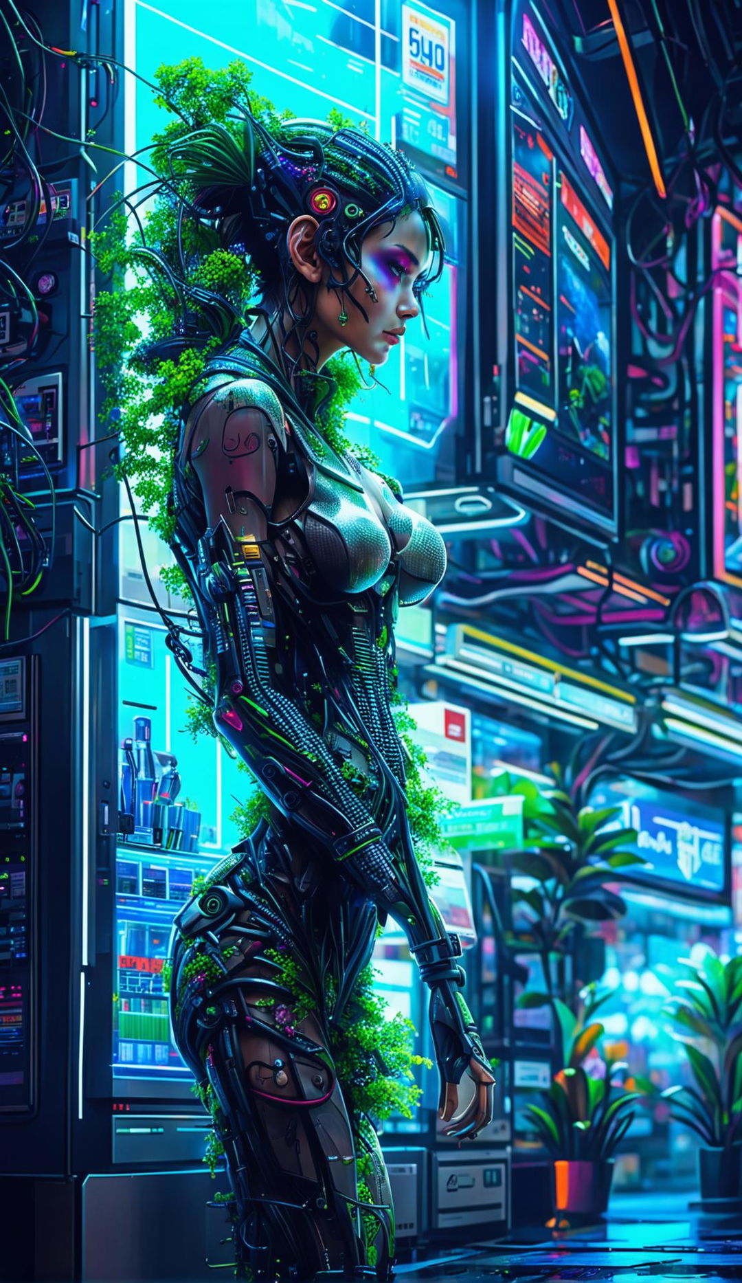 A side profile of a techno-organic woman with long flower vines for hair walking into an electronic shop in a cyberpunk city. The scene is lit by neon lights and street signs. The image is an ultra-detailed 36K HD professional photograph.