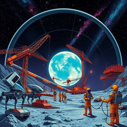 A retro-futuristic sci-fi illustration depicting a collaborative scene of robots and humans constructing a massive lunar city under a protective dome