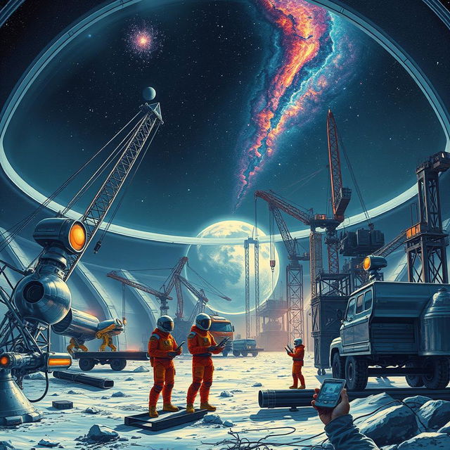 A retro-futuristic sci-fi illustration depicting a collaborative scene of robots and humans constructing a massive lunar city under a protective dome