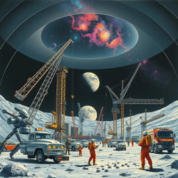 A retro-futuristic sci-fi illustration depicting a collaborative scene of robots and humans constructing a massive lunar city under a protective dome