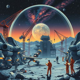 A retro-futuristic sci-fi illustration depicting a collaborative scene of robots and humans constructing a massive lunar city under a protective dome