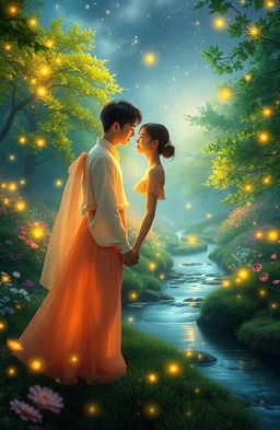 A romantic couple of Korean descent, facing each other and holding hands, surrounded by a magical scenery