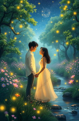 A romantic couple of Korean descent, facing each other and holding hands, surrounded by a magical scenery