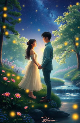 A romantic couple of Korean descent, facing each other and holding hands, surrounded by a magical scenery