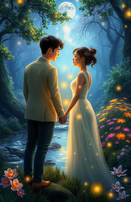 A romantic couple of Korean descent, facing each other and holding hands, surrounded by a magical scenery