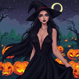 A beautiful witch in a Halloween themed setting, surrounded by glowing pumpkins and eerie shadows