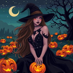 A beautiful witch in a Halloween themed setting, surrounded by glowing pumpkins and eerie shadows