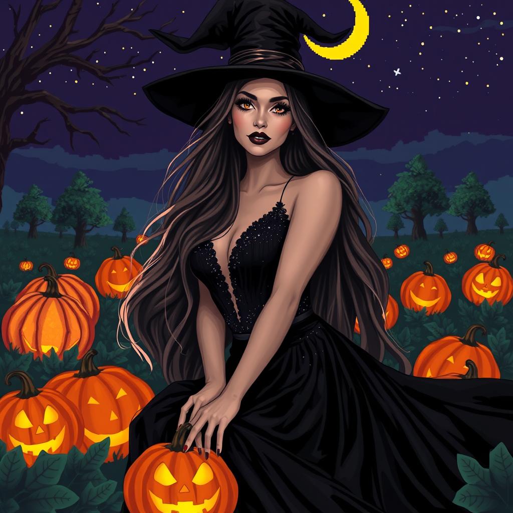 A beautiful witch in a Halloween themed setting, surrounded by glowing pumpkins and eerie shadows