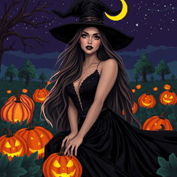 A beautiful witch in a Halloween themed setting, surrounded by glowing pumpkins and eerie shadows