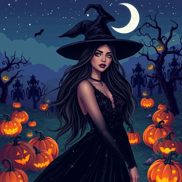 A beautiful witch in a Halloween themed setting, surrounded by glowing pumpkins and eerie shadows