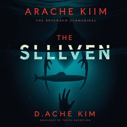 A haunting, underwater scene featuring a silhouette of a mysterious creature looming in the dark background, with a research submarine or vessel depicted in the distance