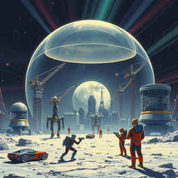 A retro-futuristic sci-fi illustration showcasing a harmonious scene of robots and humans collaborating to construct a grand lunar city beneath a protective dome