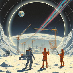 A retro-futuristic sci-fi illustration showcasing a harmonious scene of robots and humans collaborating to construct a grand lunar city beneath a protective dome