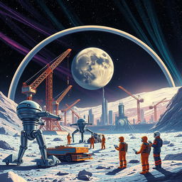 A retro-futuristic sci-fi illustration showcasing a harmonious scene of robots and humans collaborating to construct a grand lunar city beneath a protective dome