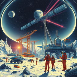 A retro-futuristic sci-fi illustration showcasing a harmonious scene of robots and humans collaborating to construct a grand lunar city beneath a protective dome