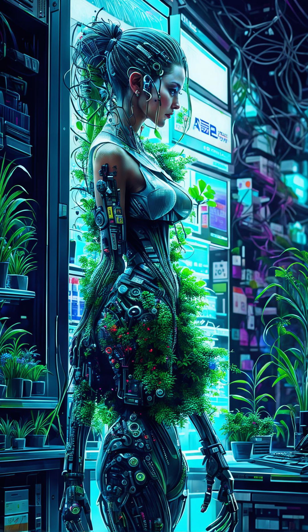 A side profile of a techno-organic woman with long flower vines for hair walking into an electronic shop in a cyberpunk city. The scene is lit by neon lights and street signs. The image is an ultra-detailed 36K HD professional photograph.