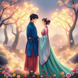 A realistic illustration of a Korean couple wearing traditional hanbok, facing each other and holding hands in a magical scenery