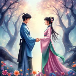 A realistic illustration of a Korean couple wearing traditional hanbok, facing each other and holding hands in a magical scenery