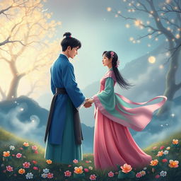 A realistic illustration of a Korean couple wearing traditional hanbok, facing each other and holding hands in a magical scenery