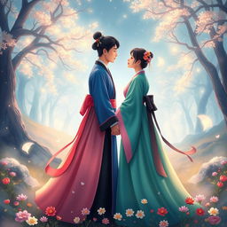 A realistic illustration of a Korean couple wearing traditional hanbok, facing each other and holding hands in a magical scenery