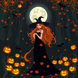 A beautiful witch with long flowing hair, dressed in an elegant black dress adorned with Halloween motifs like pumpkins and bats