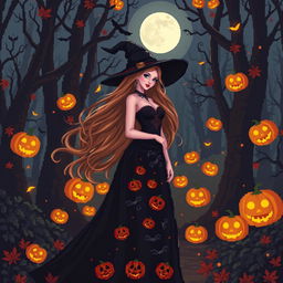 A beautiful witch with long flowing hair, dressed in an elegant black dress adorned with Halloween motifs like pumpkins and bats