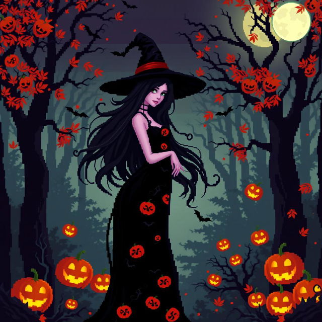 A beautiful witch with long flowing hair, dressed in an elegant black dress adorned with Halloween motifs like pumpkins and bats