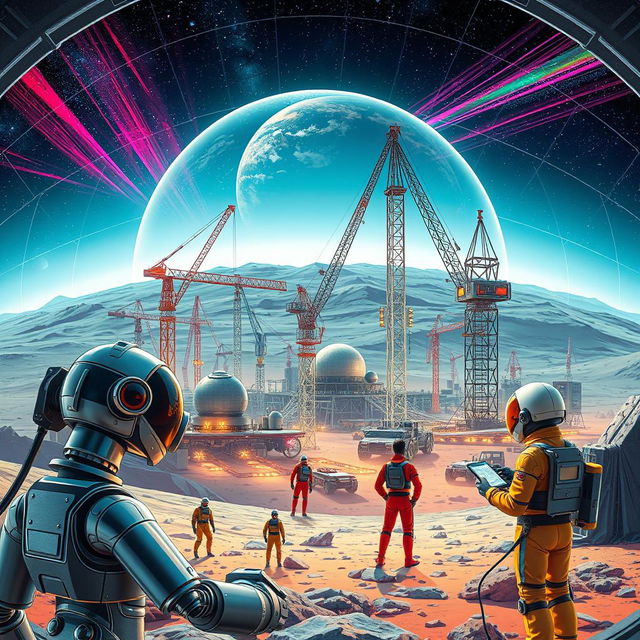 A retro-futuristic sci-fi illustration showcasing robots and humans collaborating to construct a sprawling lunar city beneath a protective dome