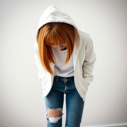 A cute young woman, approximately 21 years old with shoulder-length straight orange hair, wearing a white hoodie that is unzipped, revealing a glimpse of her outfit beneath