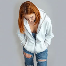 A cute young woman, approximately 21 years old with shoulder-length straight orange hair, wearing a white hoodie that is unzipped, revealing a glimpse of her outfit beneath