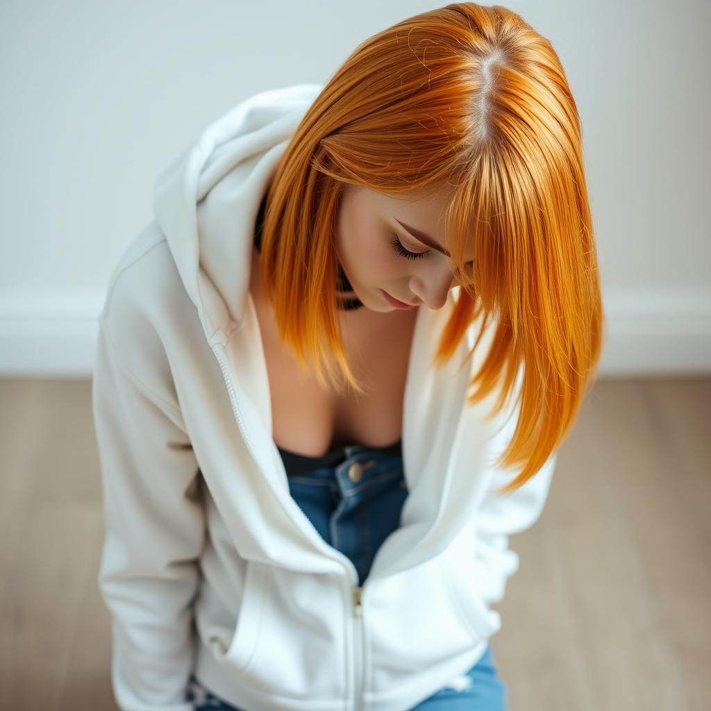 A cute young woman, approximately 21 years old with shoulder-length straight orange hair, wearing a white hoodie that is unzipped, revealing a glimpse of her outfit beneath