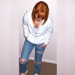 A cute young woman, approximately 21 years old with shoulder-length straight orange hair, wearing a white hoodie that is unzipped, revealing a glimpse of her outfit beneath