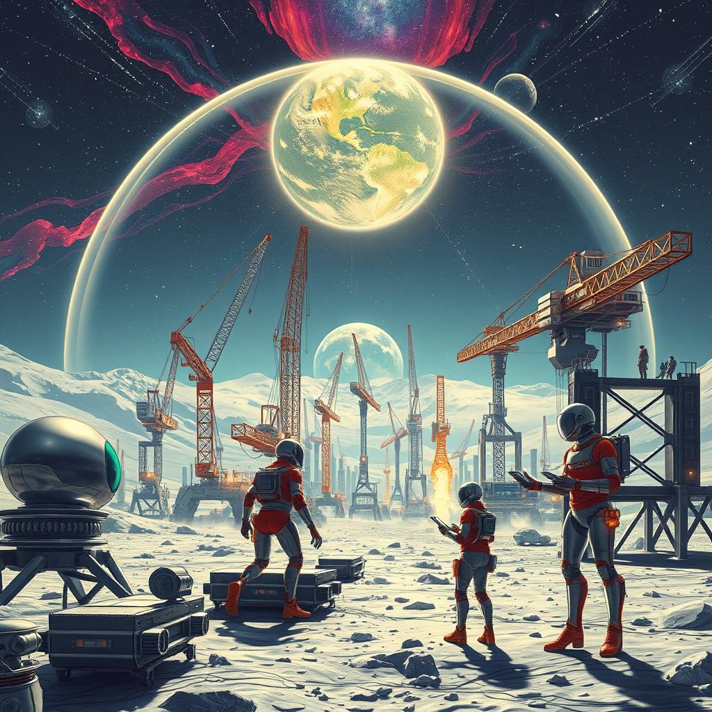 A retro-futuristic sci-fi illustration showcasing robots and humans collaborating to construct a sprawling lunar city beneath a protective dome