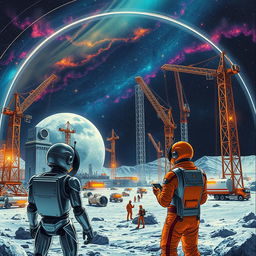 A retro-futuristic sci-fi illustration showcasing robots and humans collaborating to construct a sprawling lunar city beneath a protective dome