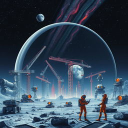 A retro-futuristic sci-fi illustration showcasing robots and humans collaborating to construct a sprawling lunar city beneath a protective dome