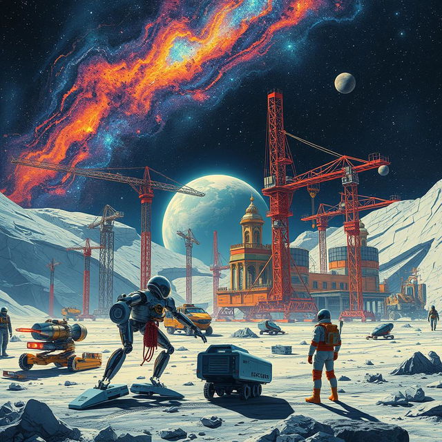 A retro-futuristic sci-fi illustration showcasing robots and humans collaboratively building a massive lunar city beneath a protective dome