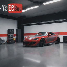 Create a dynamic YouTube thumbnail featuring an impressive garage background and a prominently placed ECU. Include bold, attention-grabbing text that reads 'G60 ECU Repair' representing the theme of Edmogarage's channel.