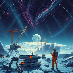 A retro-futuristic sci-fi illustration showcasing robots and humans collaboratively building a massive lunar city beneath a protective dome