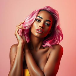 A vibrant, striking scene featuring a stunning woman with pink hair, exuding confidence and allure