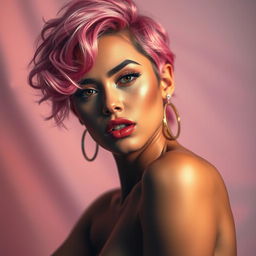A vibrant, striking scene featuring a stunning woman with pink hair, exuding confidence and allure