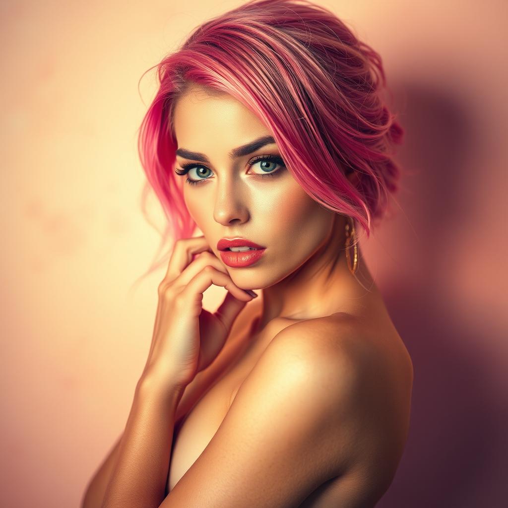 A vibrant, striking scene featuring a stunning woman with pink hair, exuding confidence and allure