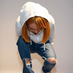 A cute young woman, probably 21 years old, with shoulder-length straight orange hair, wearing a white hoodie that is unzipped and not worn on her head