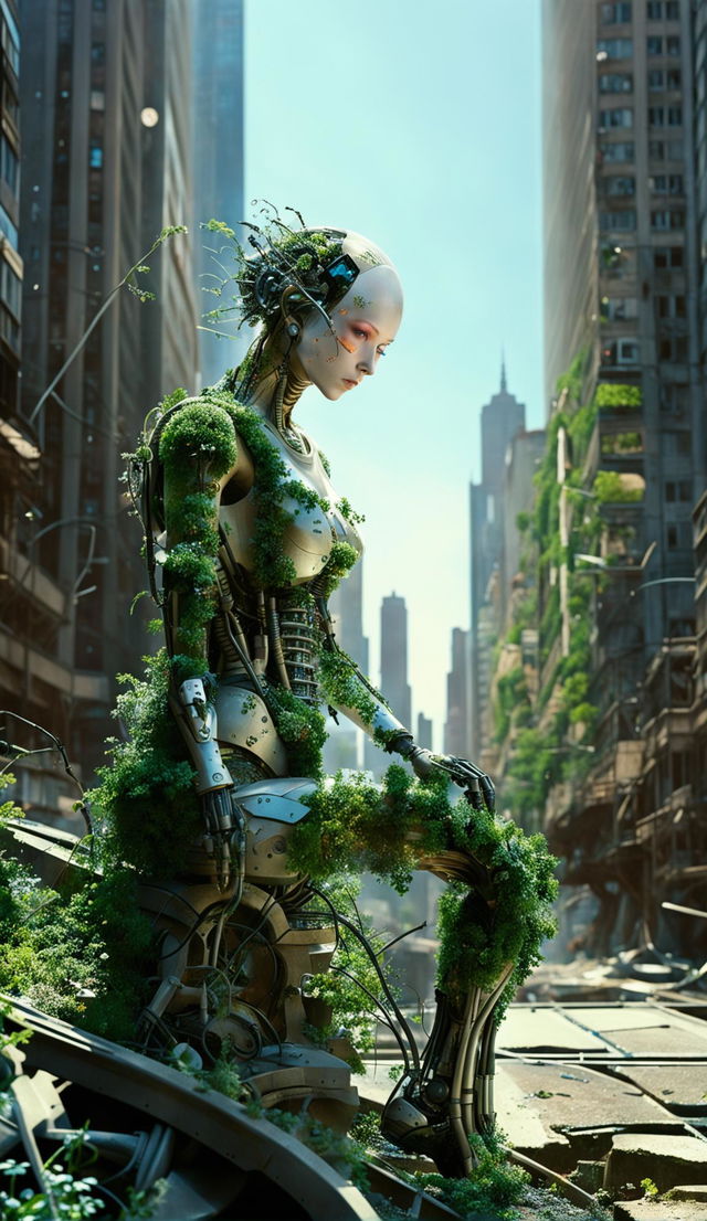 HD raw photograph of a techno-organic woman made of glass, plants, and robotics exploring a deserted city.