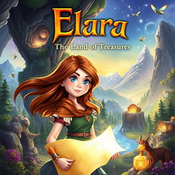 A vibrant fantasy book cover for 'Elara: The Land of Treasures', featuring an enchanting landscape filled with mysterious caves and sparkling treasures