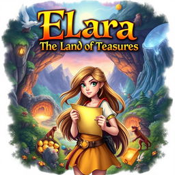 A vibrant fantasy book cover for 'Elara: The Land of Treasures', featuring an enchanting landscape filled with mysterious caves and sparkling treasures