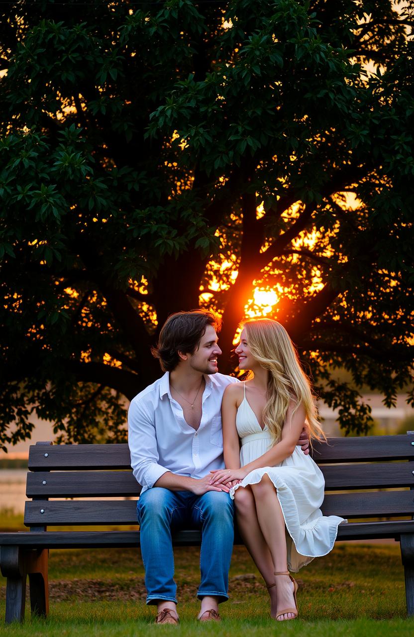 A romantic couple in love, sitting closely on a wooden bench under a large, lush green tree